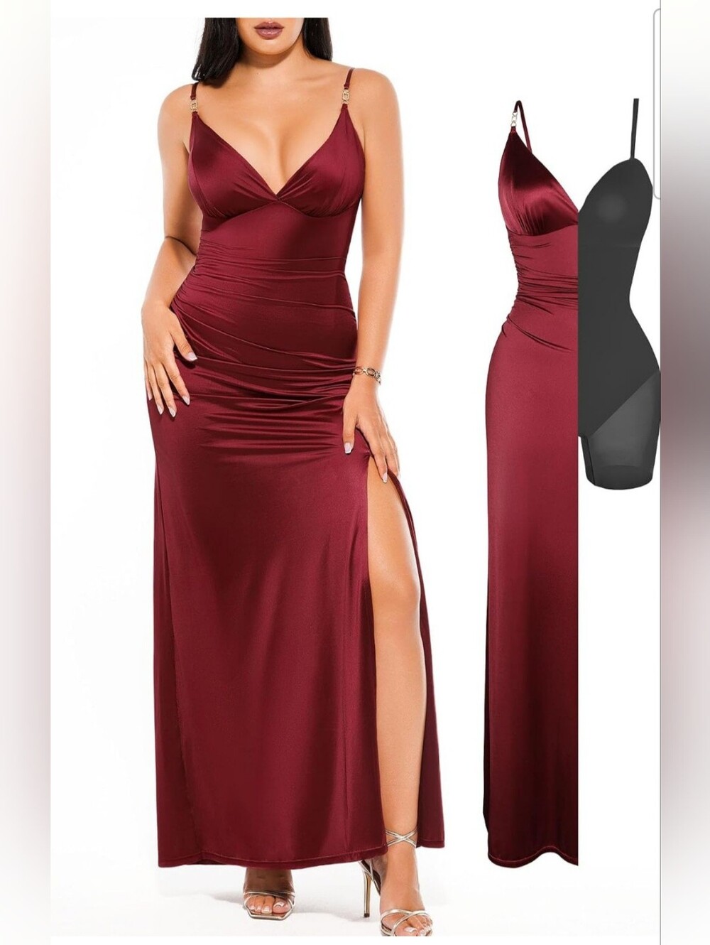 Popilush Women's Dark Red Deep V Ruched Bodycon Shapewear Tummy Control Maxi S